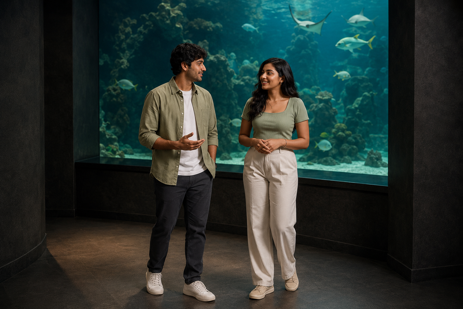 Two young Indian adults sharing a relaxed conversation on an aquarium date with their complete faces and hands visible