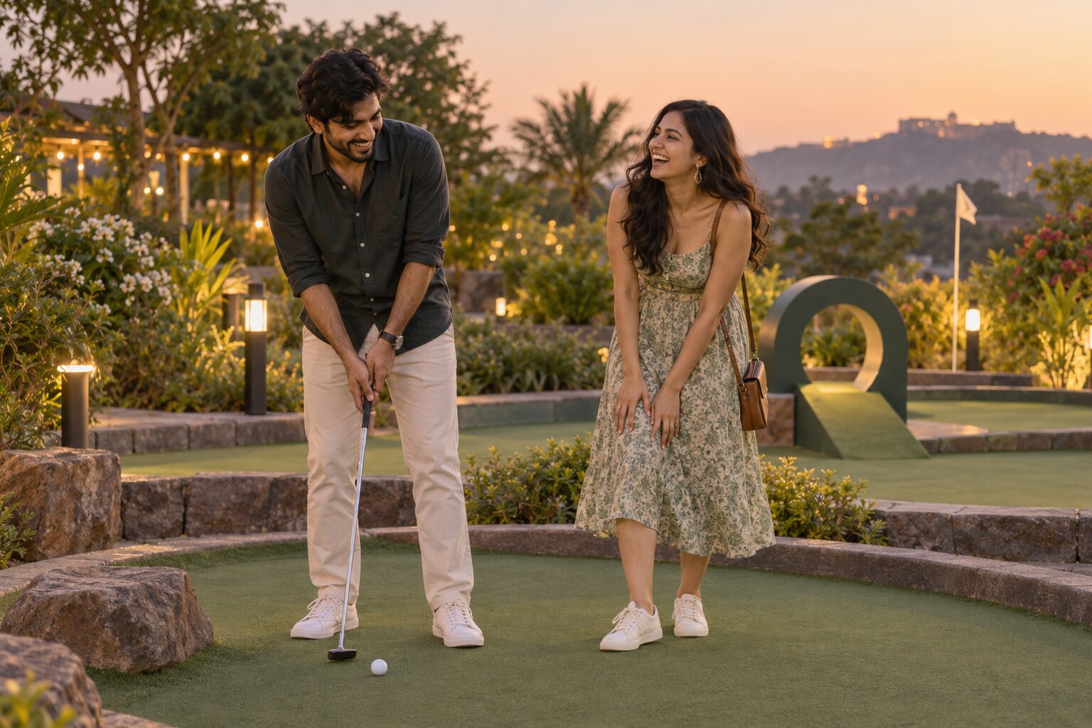Two young Indian adults relaxing and laughing together during an open-air mini-golf first date in India