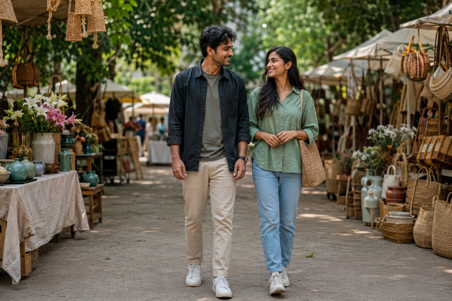 Two young Indian adults enjoying quality time and conversation while walking through an open-air craft market in India