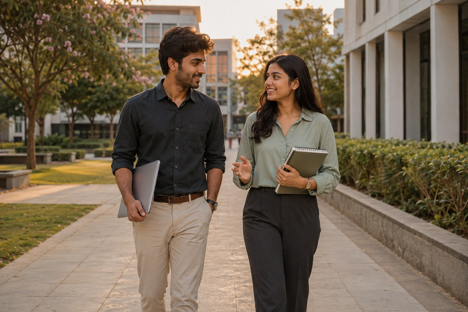 Two young Indian adults discussing their goals while walking with notebooks on a green university campus in India