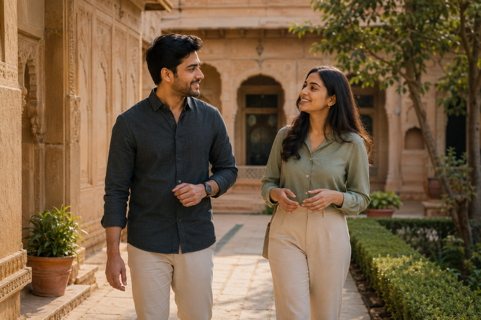 Two young Indian adults walking and talking on a relaxed first date in a sunlit heritage courtyard in India