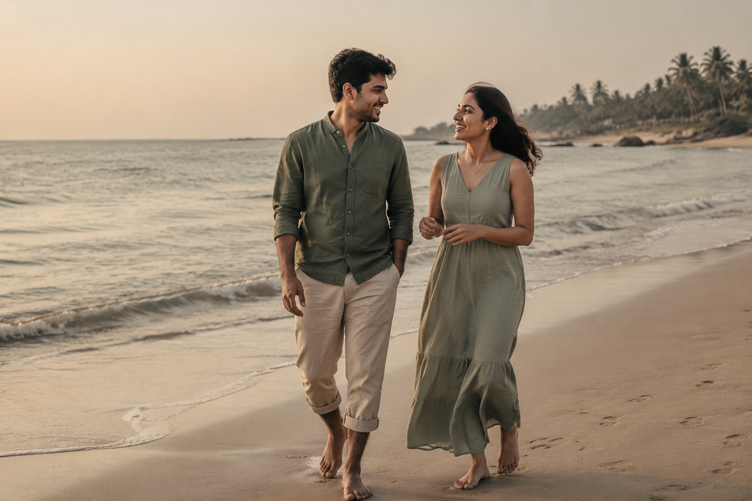 A young Indian couple walking together on a peaceful beach