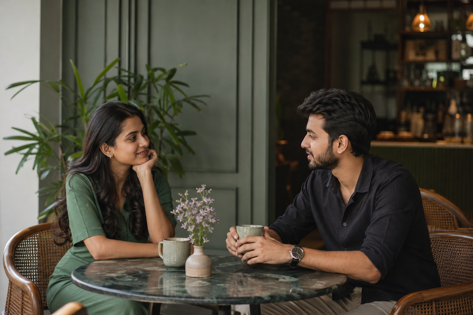 Two young adults enjoying a relaxed conversation in a quiet café