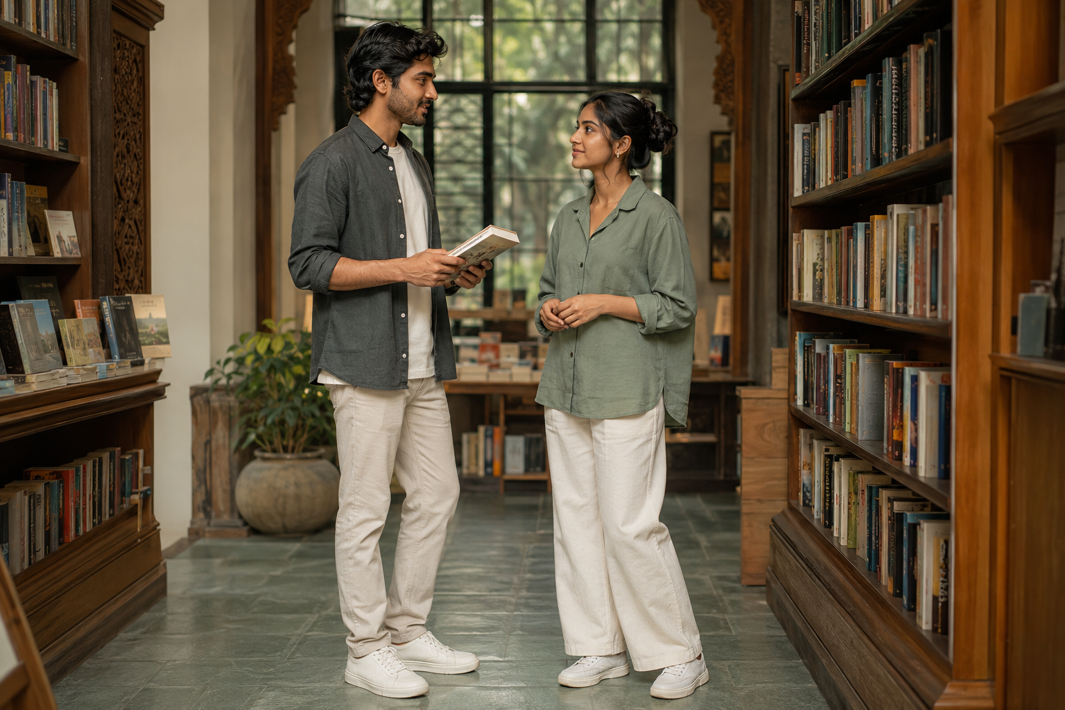Two young Indian adults having a warm, respectful conversation while browsing books in an elegant bookstore