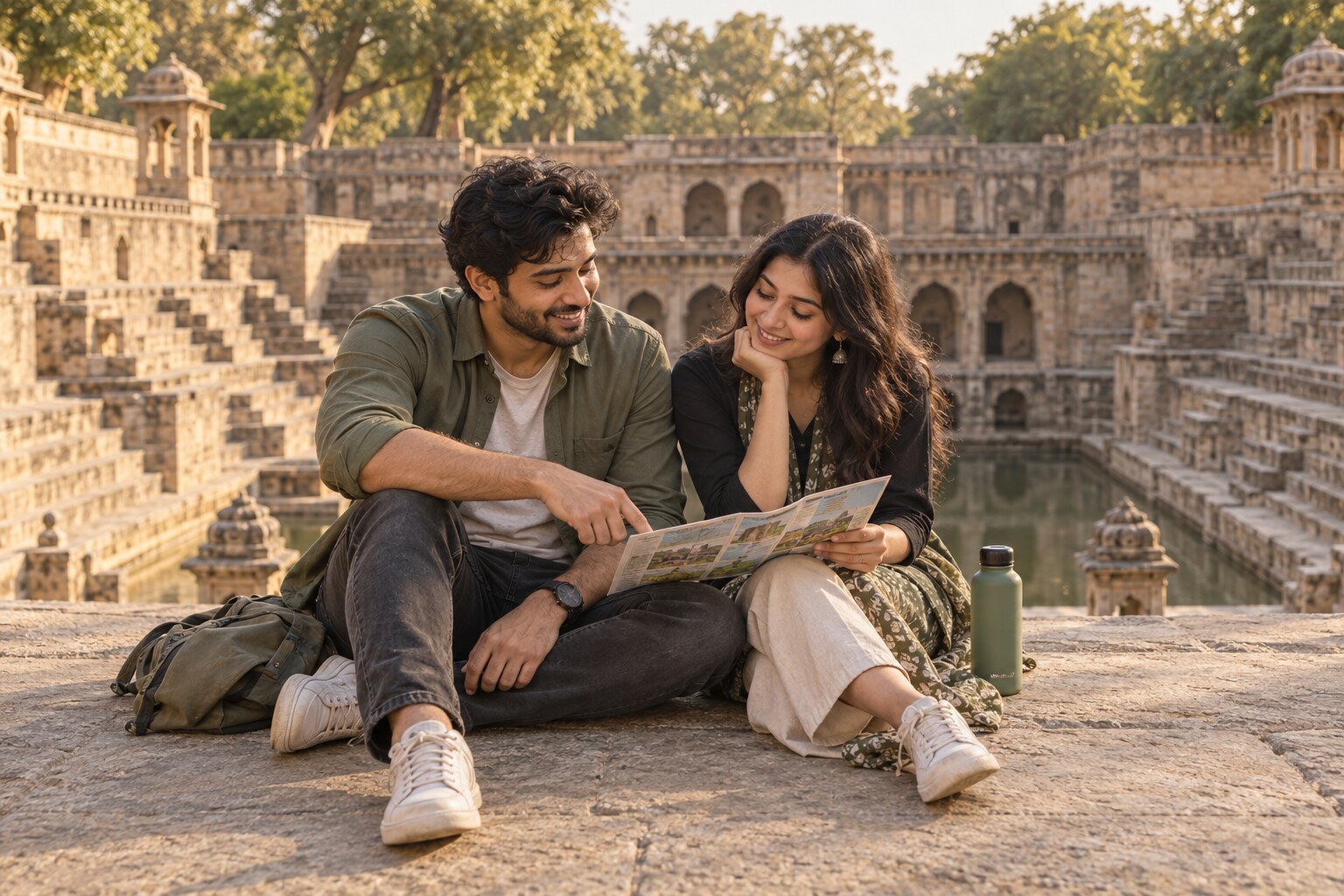 Two young Indian adults planning an affordable date together at a heritage stepwell in India