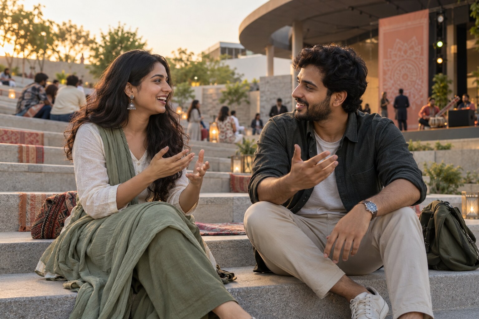 Two young Indian adults enjoying an expressive conversation on open-air amphitheatre steps in India