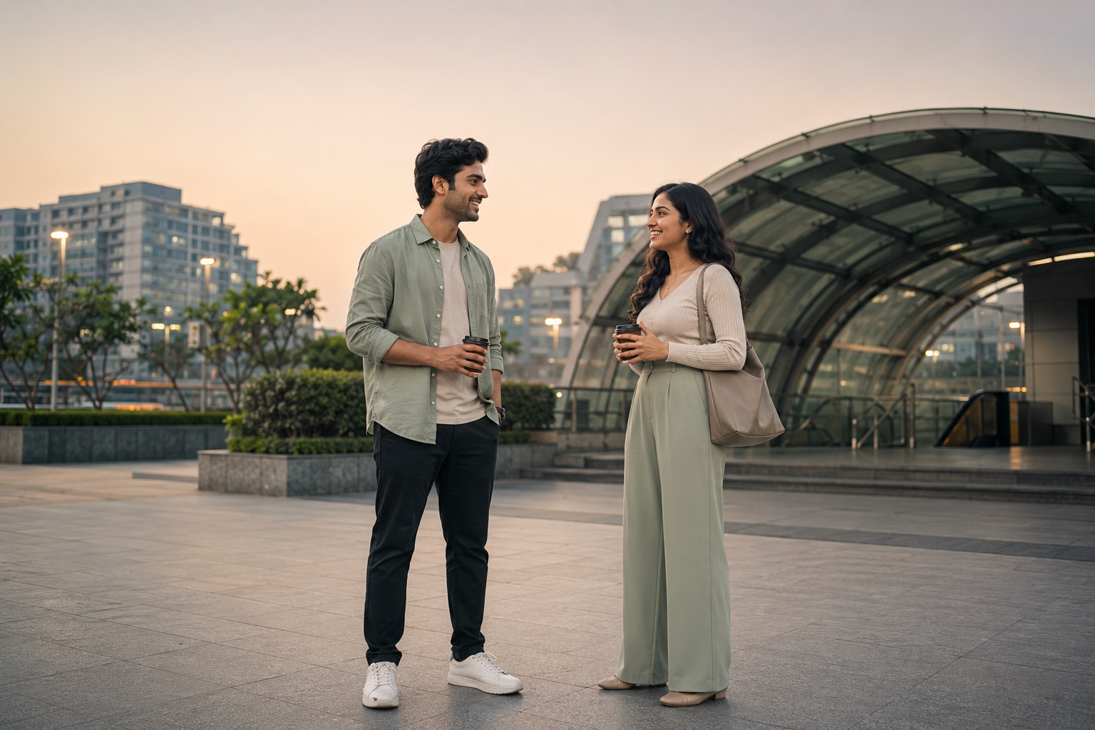 Two young Indian adults meeting outside a modern metro station for a thoughtfully planned date in India