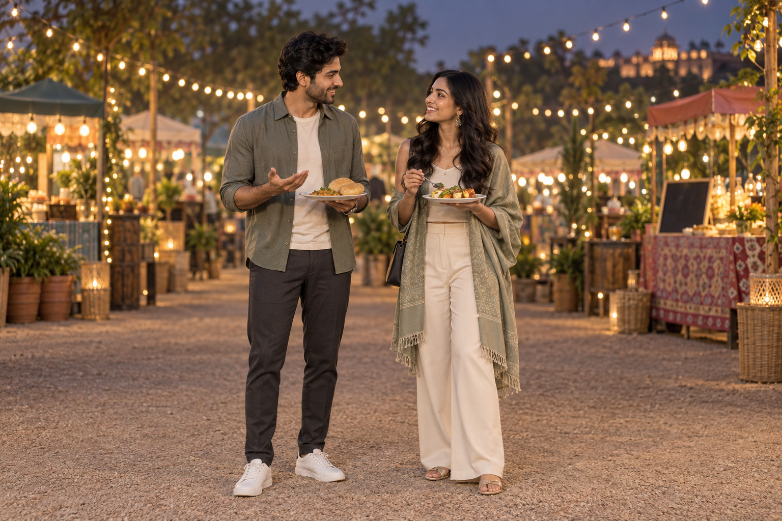 Two young Indian adults warmly discussing different meal choices at an open-air food festival in India