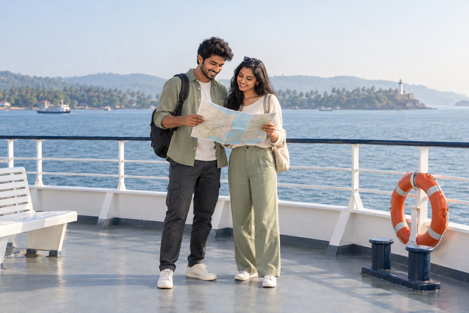 Two young Indian adults planning their first day trip together with a map on a coastal ferry in India