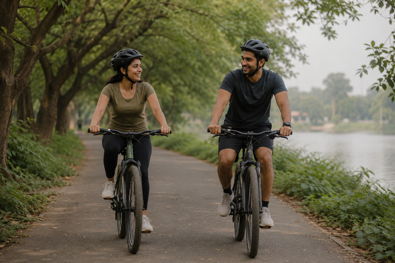 A young Indian couple enjoying a relaxed bicycle ride by the river
