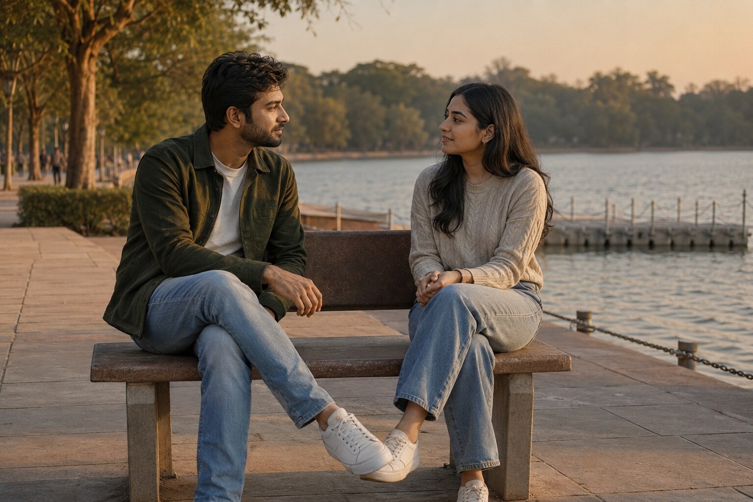 Two young Indian adults having a calm, respectful conversation together on a public lakeside promenade in India