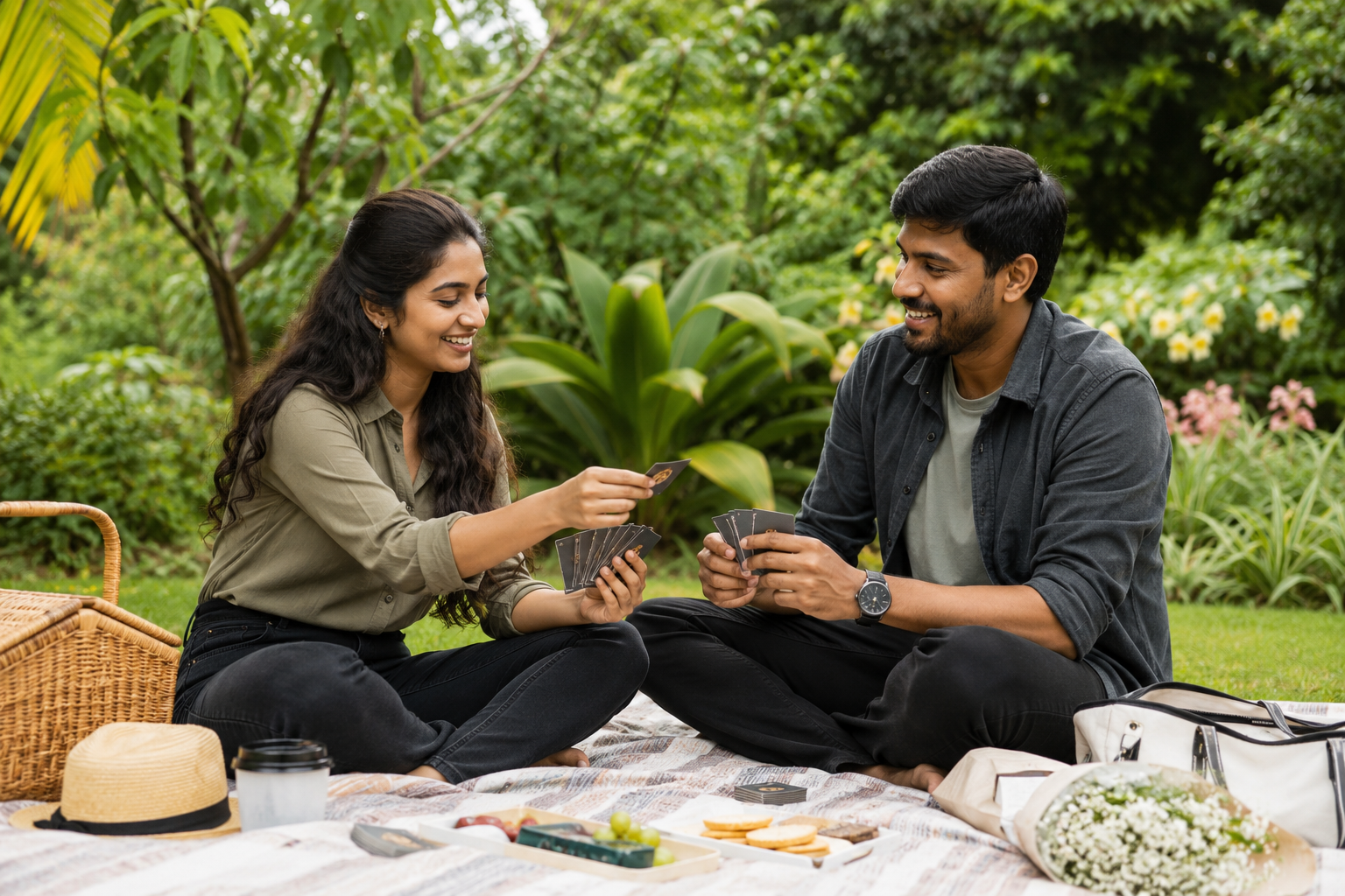 A young couple playing an icebreaker game during a garden picnic