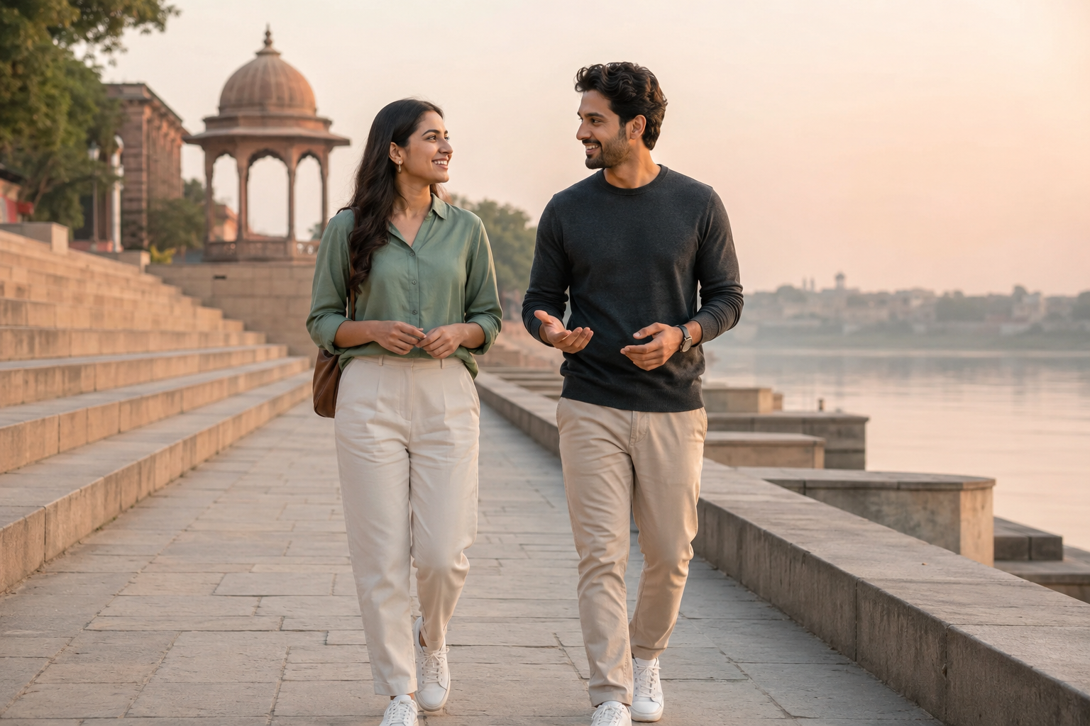 Two young Indian adults sharing a warm conversation while walking together on a quiet riverfront promenade at sunrise