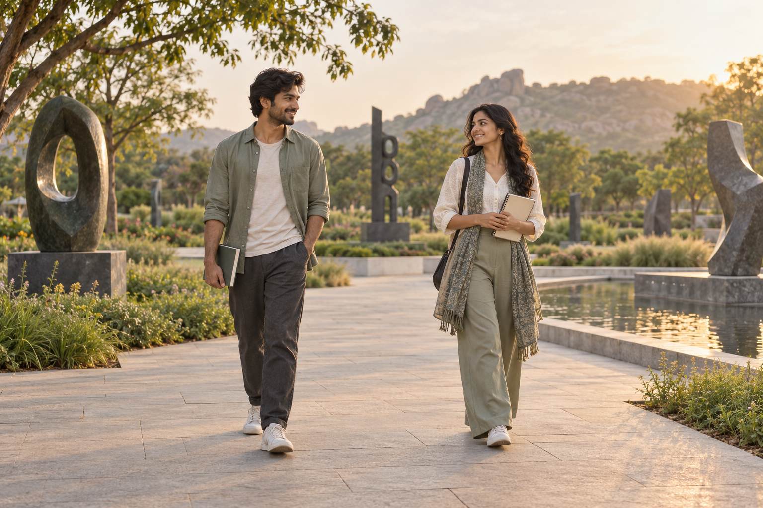Two young Indian adults enjoying comfortable personal space while walking together through an open-air sculpture park in India