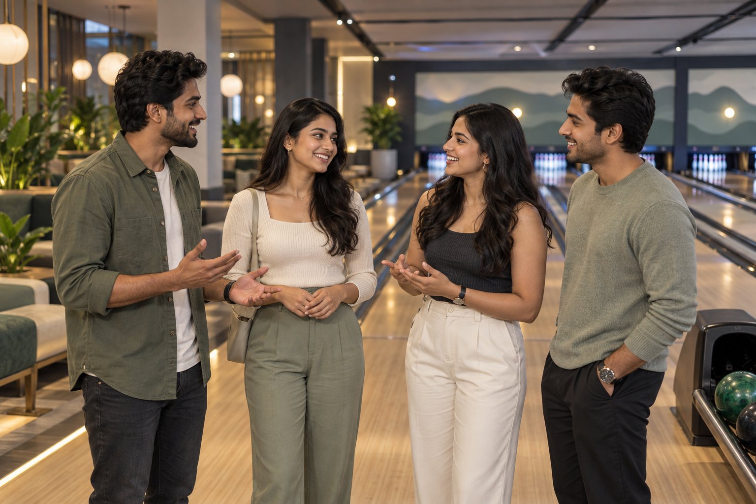 Four young Indian adults sharing a relaxed first introduction at a contemporary bowling lounge