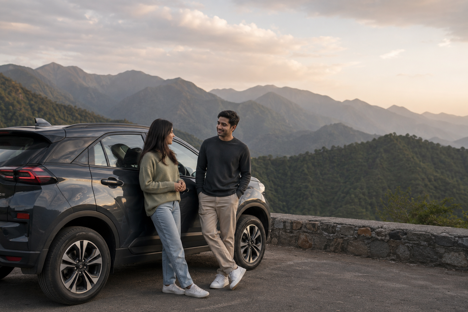A young Indian couple sharing a calm conversation beside their car at a mountain viewpoint