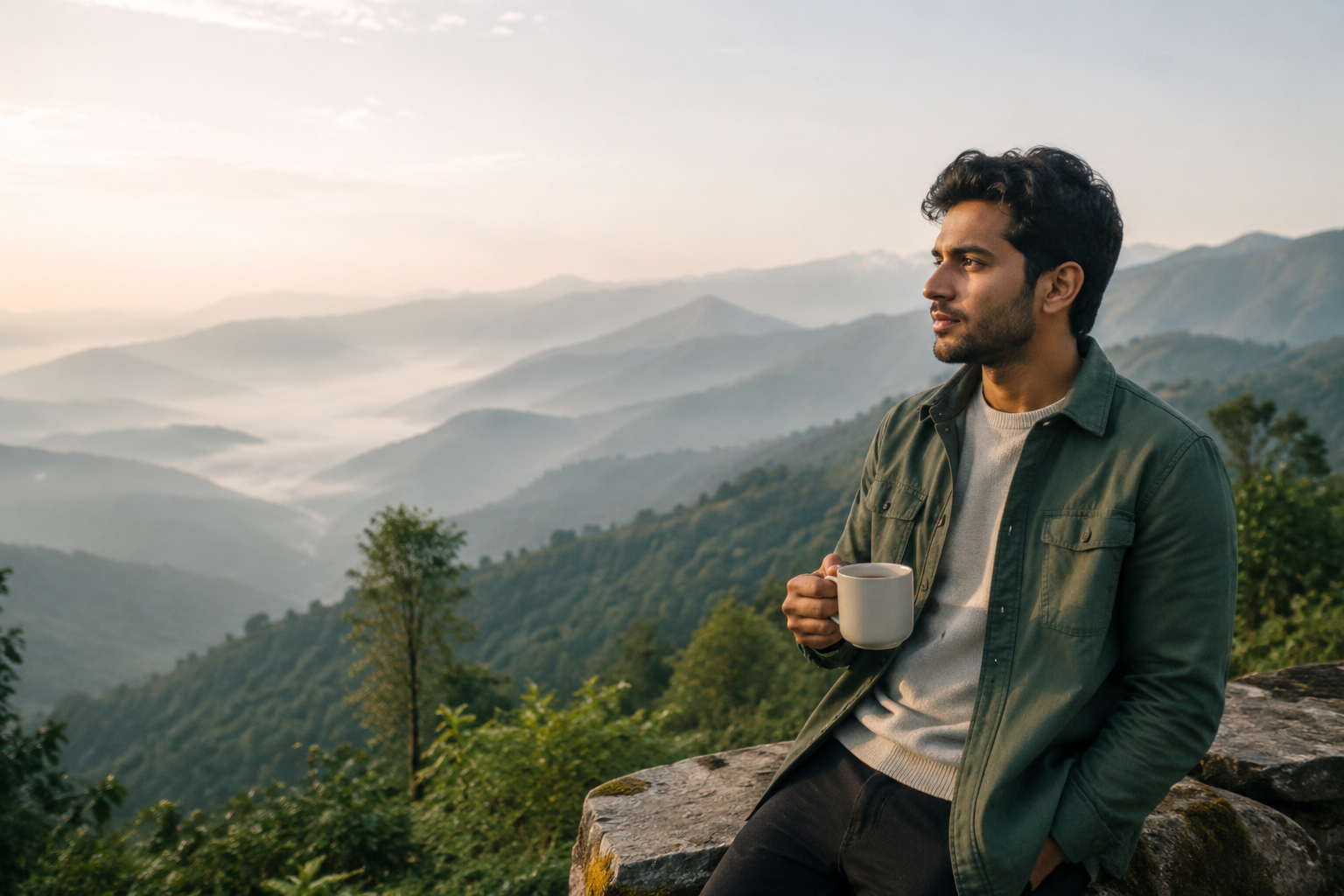A quietly confident young adult at a peaceful mountain viewpoint