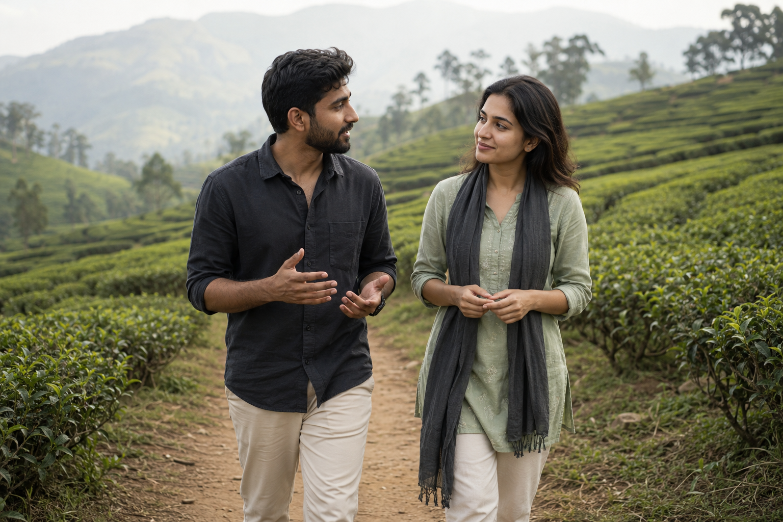 Two young Indian adults sharing an attentive conversation while walking through a green tea estate in India