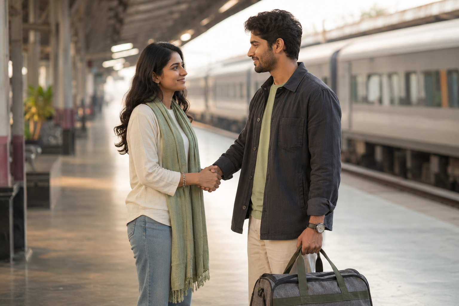 Two young Indian adults sharing a warm goodbye on a bright railway platform before a long-distance journey in India