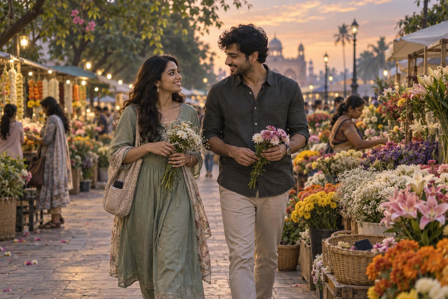 Two young Indian adults enjoying a phone-free date while choosing flowers at an open-air market in India