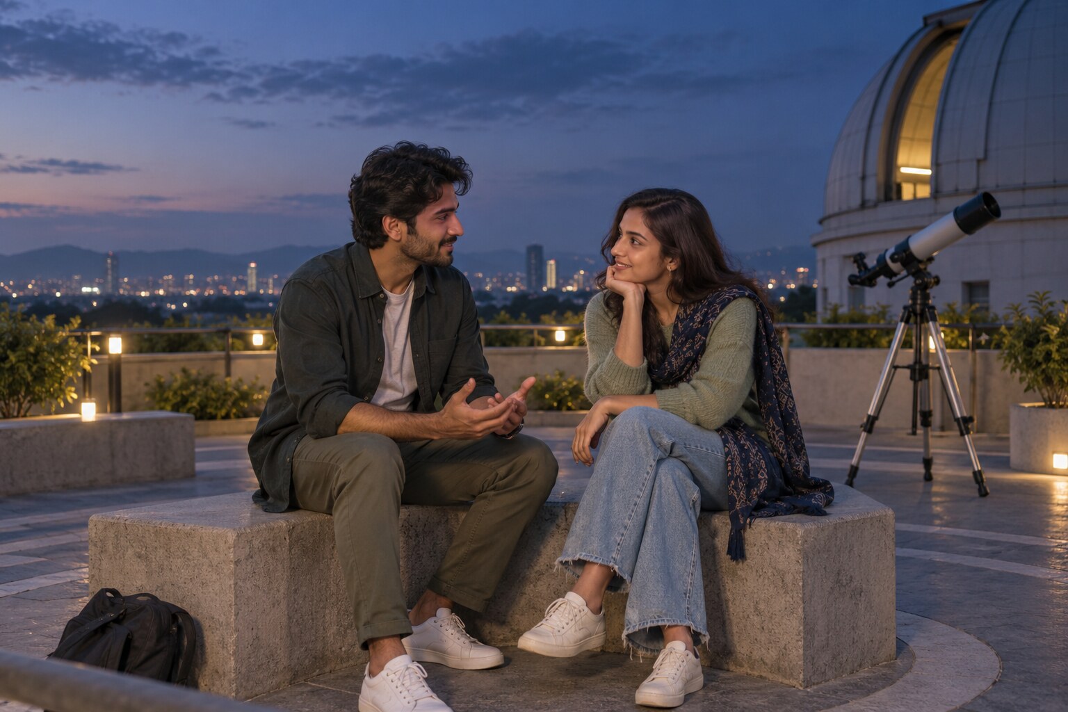 Two young Indian adults sharing a calm, reassuring conversation at a public observatory terrace in India