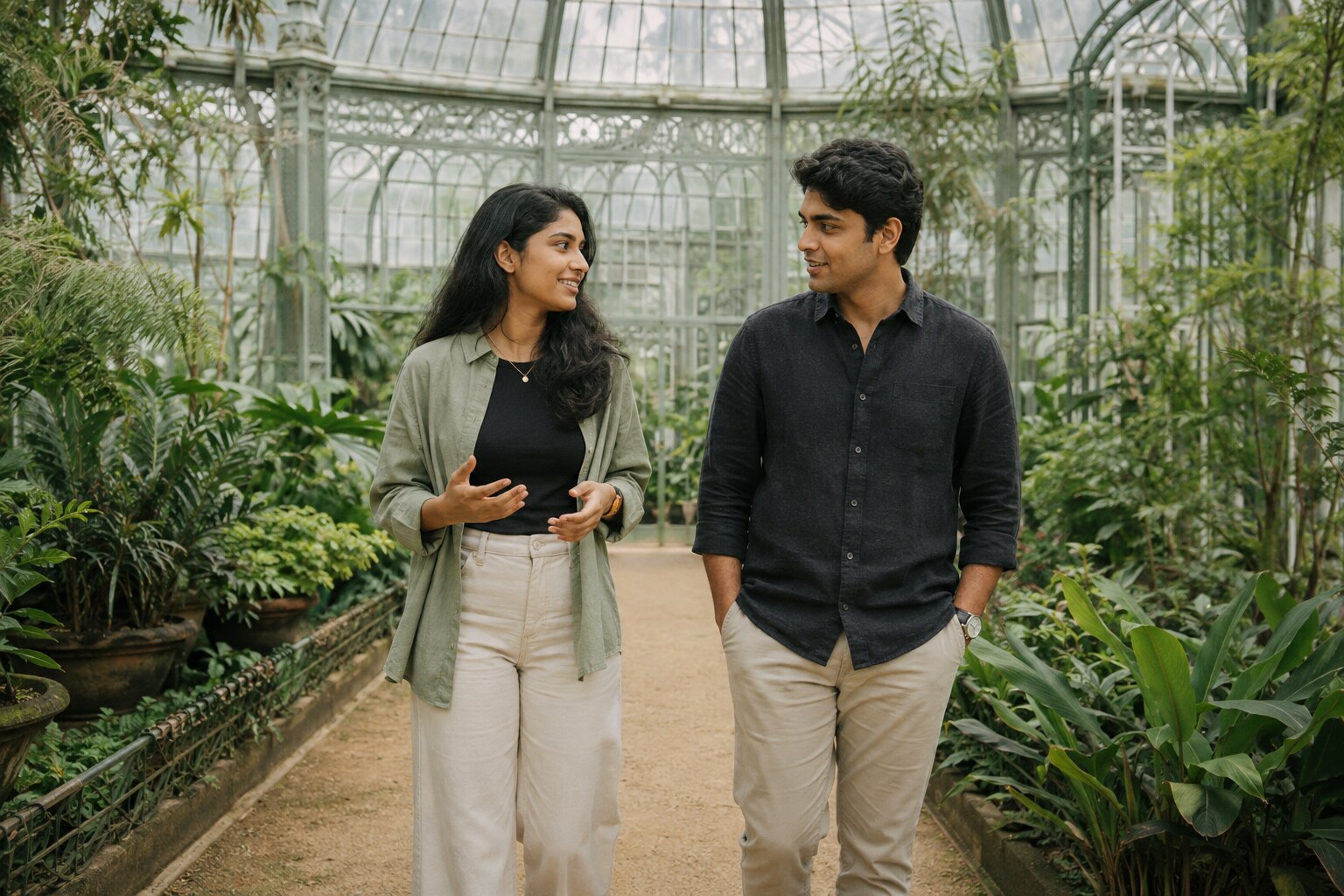 Two young Indian adults having an honest conversation while walking together through a lush public botanical garden in India