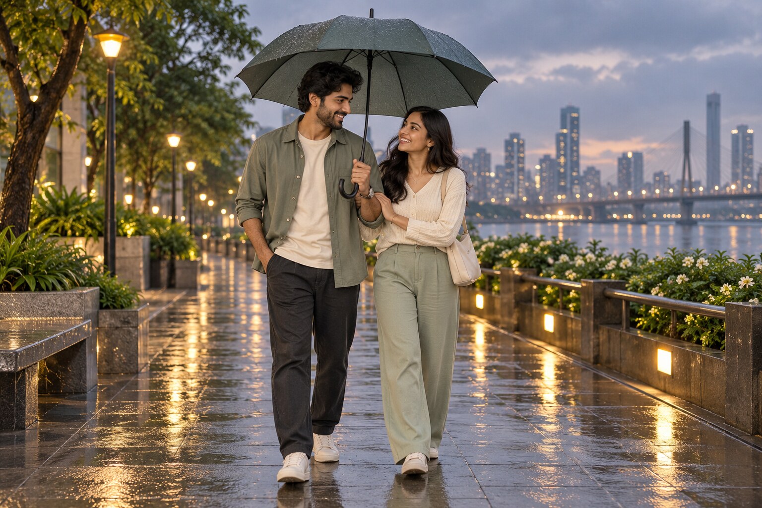 Two young Indian adults enjoying a rescheduled monsoon city walk together under an umbrella in India
