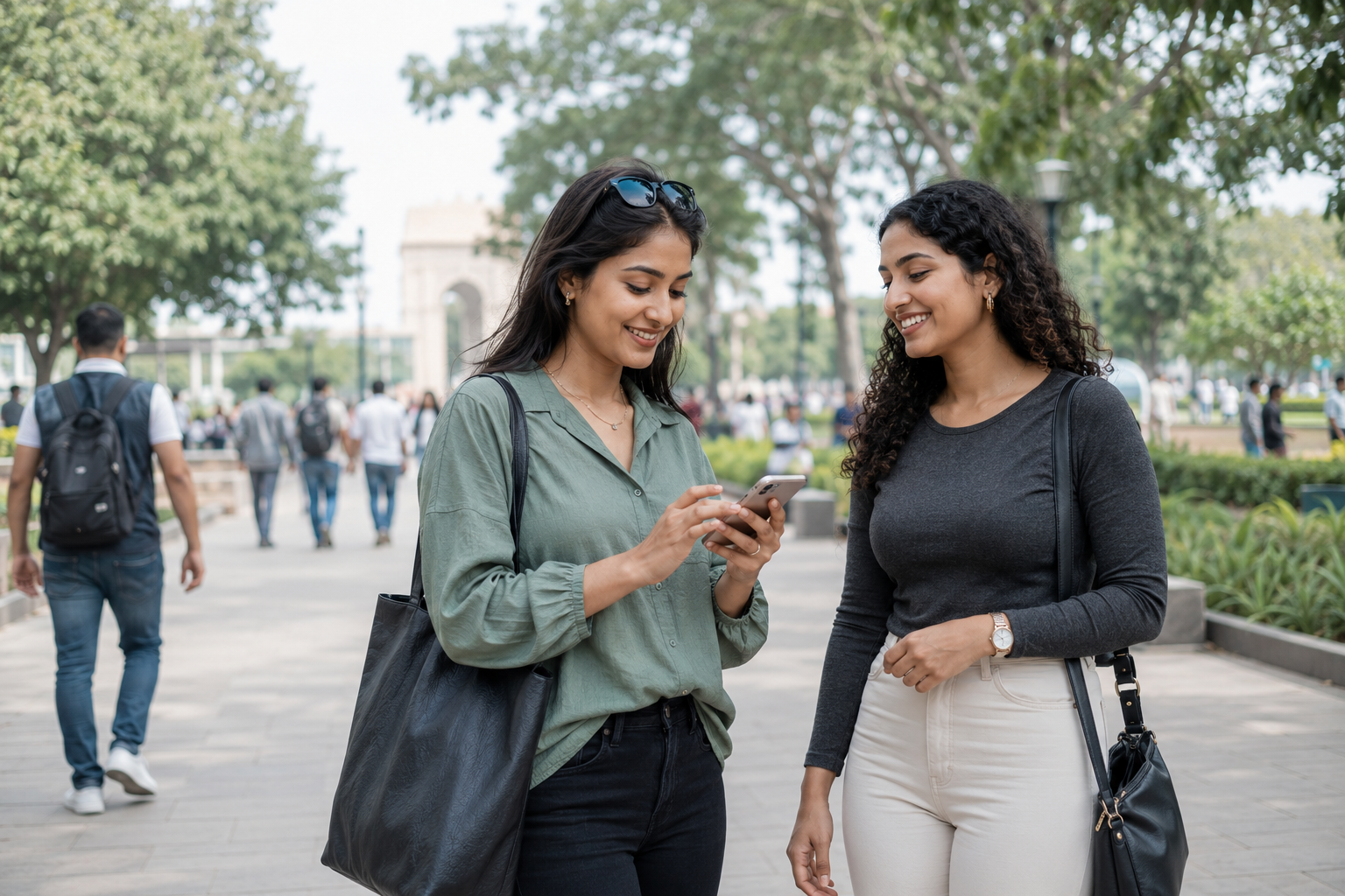 Two friends checking a phone together in a busy public park