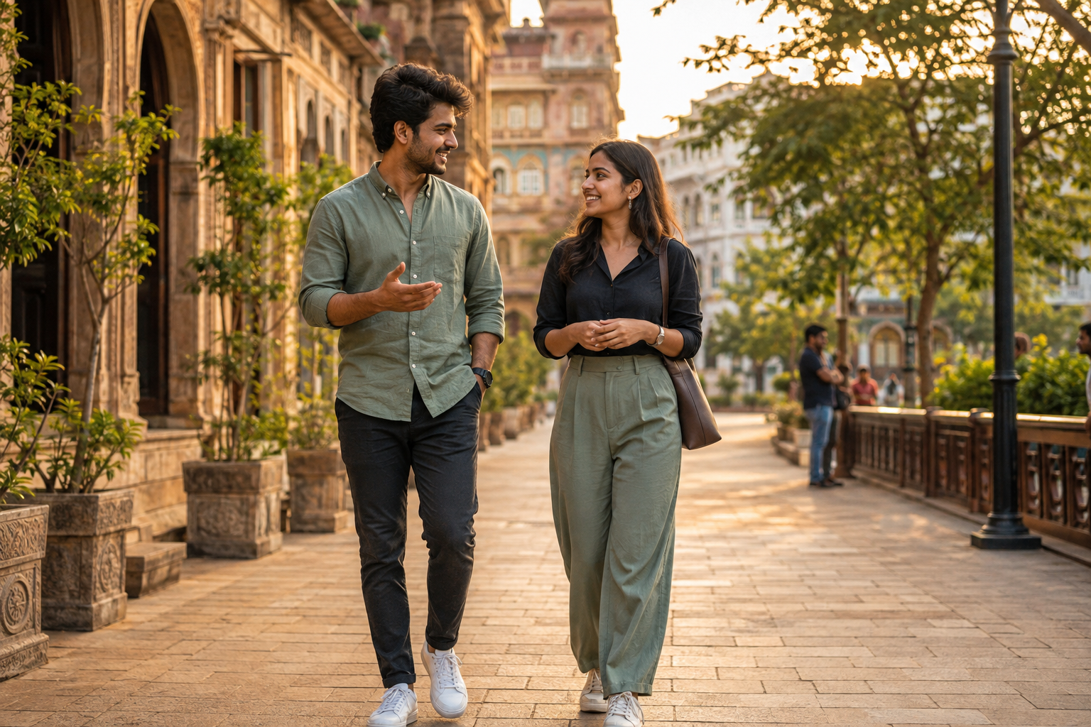 Two young Indian adults enjoying a relaxed second-date walk and conversation on a lively heritage street in India
