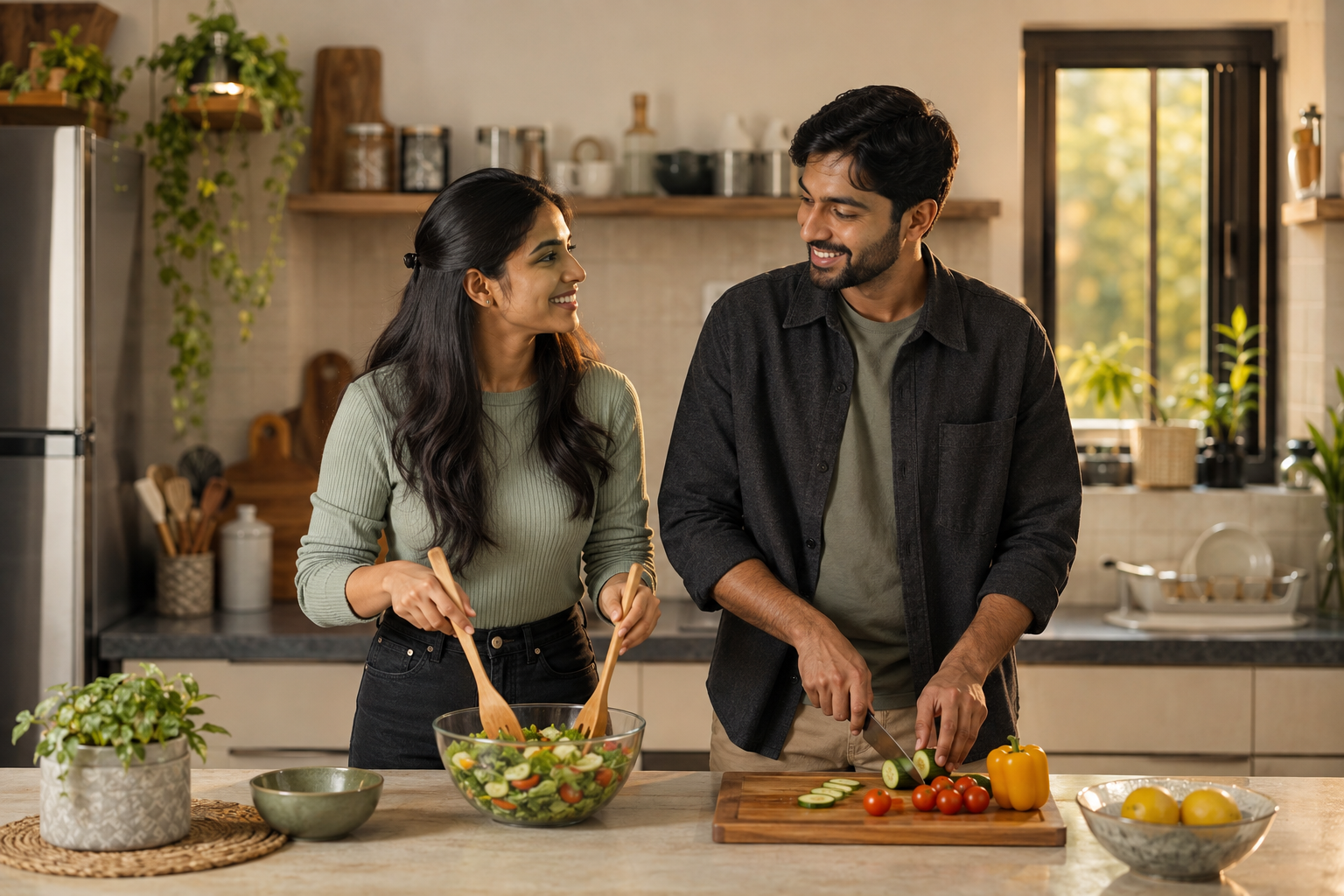 Two young Indian adults cooking together comfortably in a warm modern home kitchen