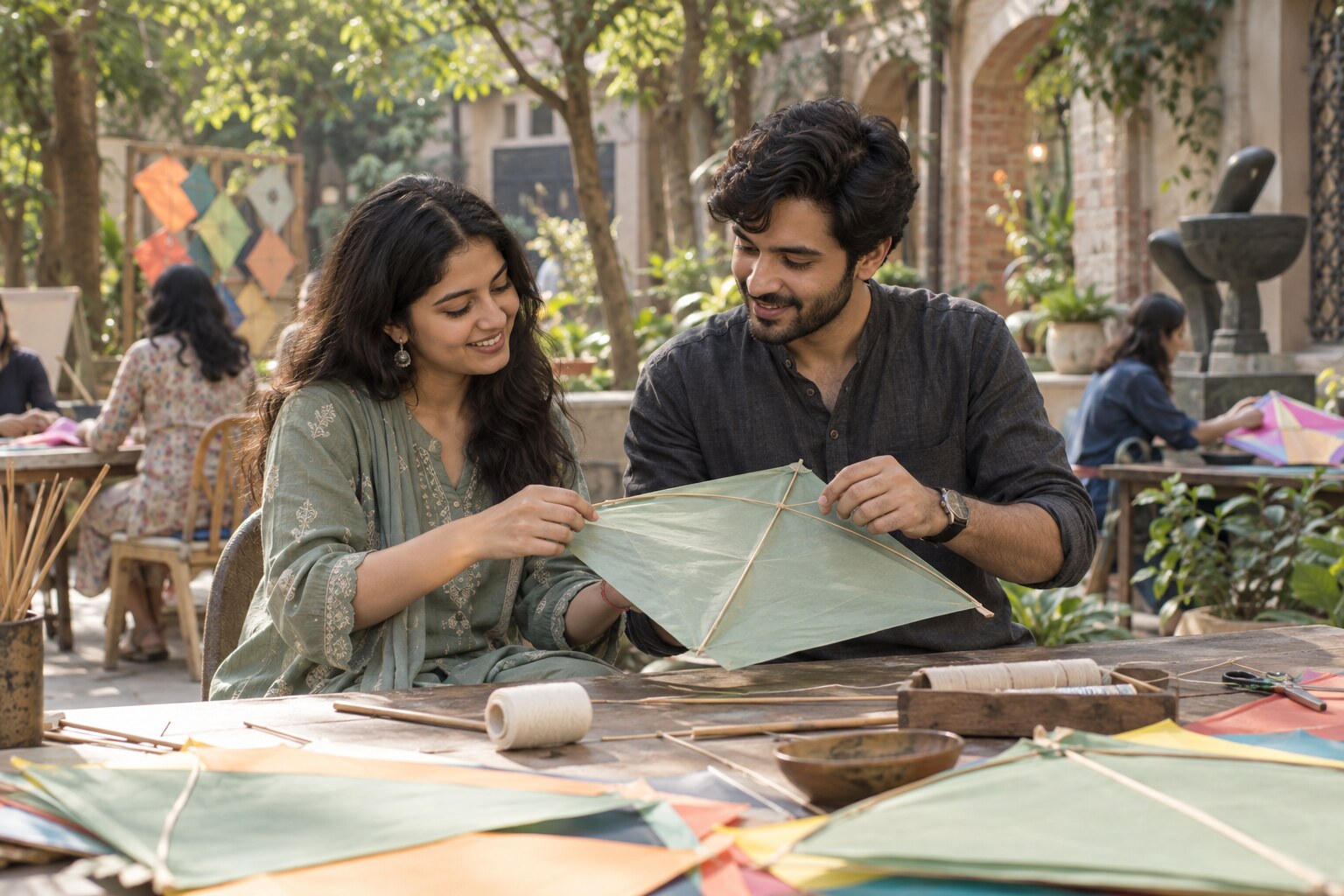 Two young Indian adults making a sage green kite together at an open-air arts workshop in India