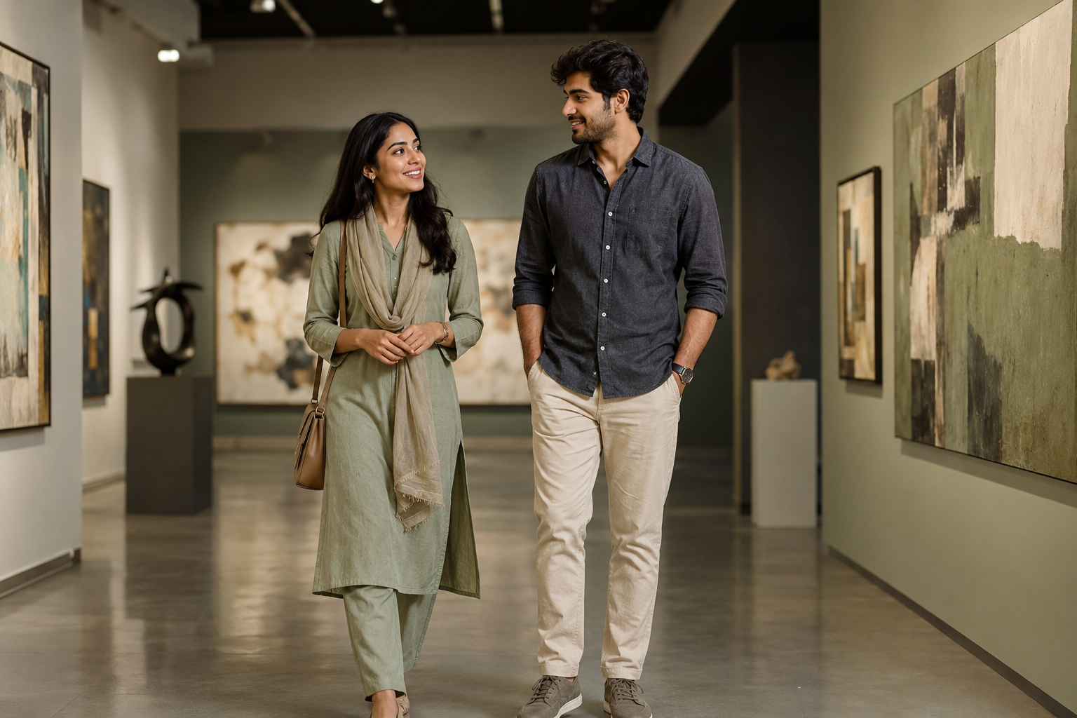 Two young Indian adults walking together through a contemporary art gallery with their complete faces and hands visible