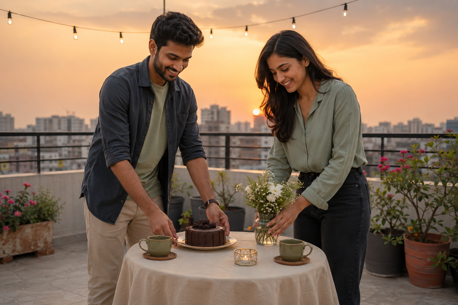 Two young Indian adults arranging a simple rooftop milestone celebration together at sunset