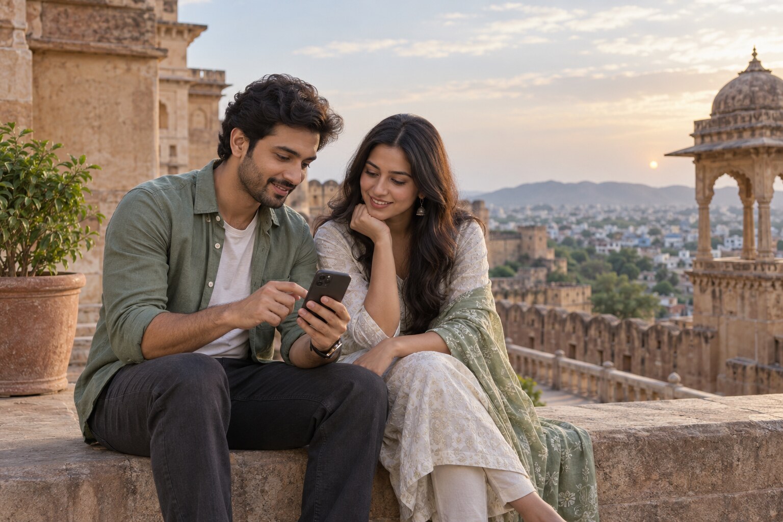 Two young Indian adults reviewing a phone photo together on a historic fort terrace in India