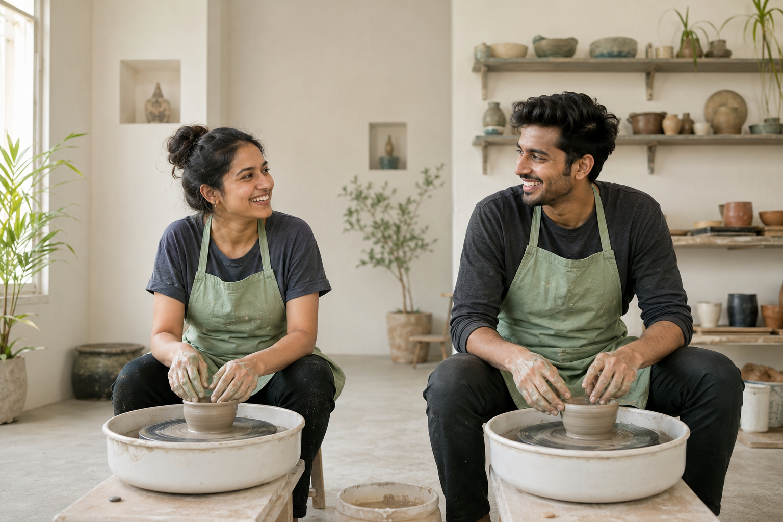 Two young Indian adults talking warmly while making clay pieces together in a bright pottery studio