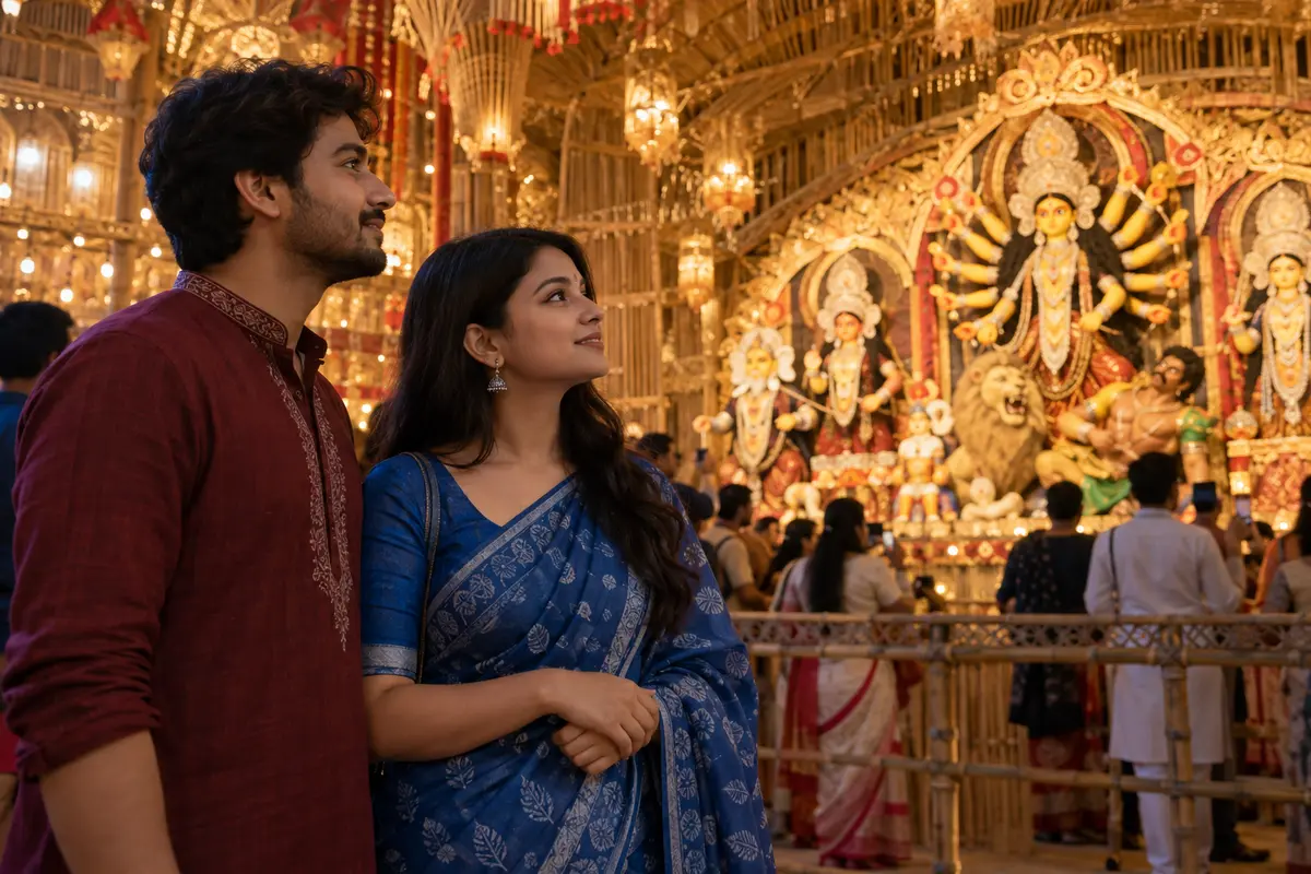 Unmarried Bengali couple admiring handcrafted Durga Puja pandal decorations