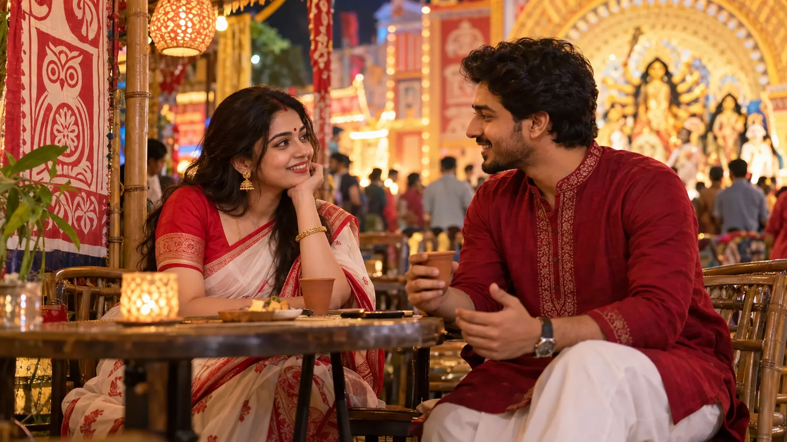 Bengali couple having safe public chai and adda near a pandal