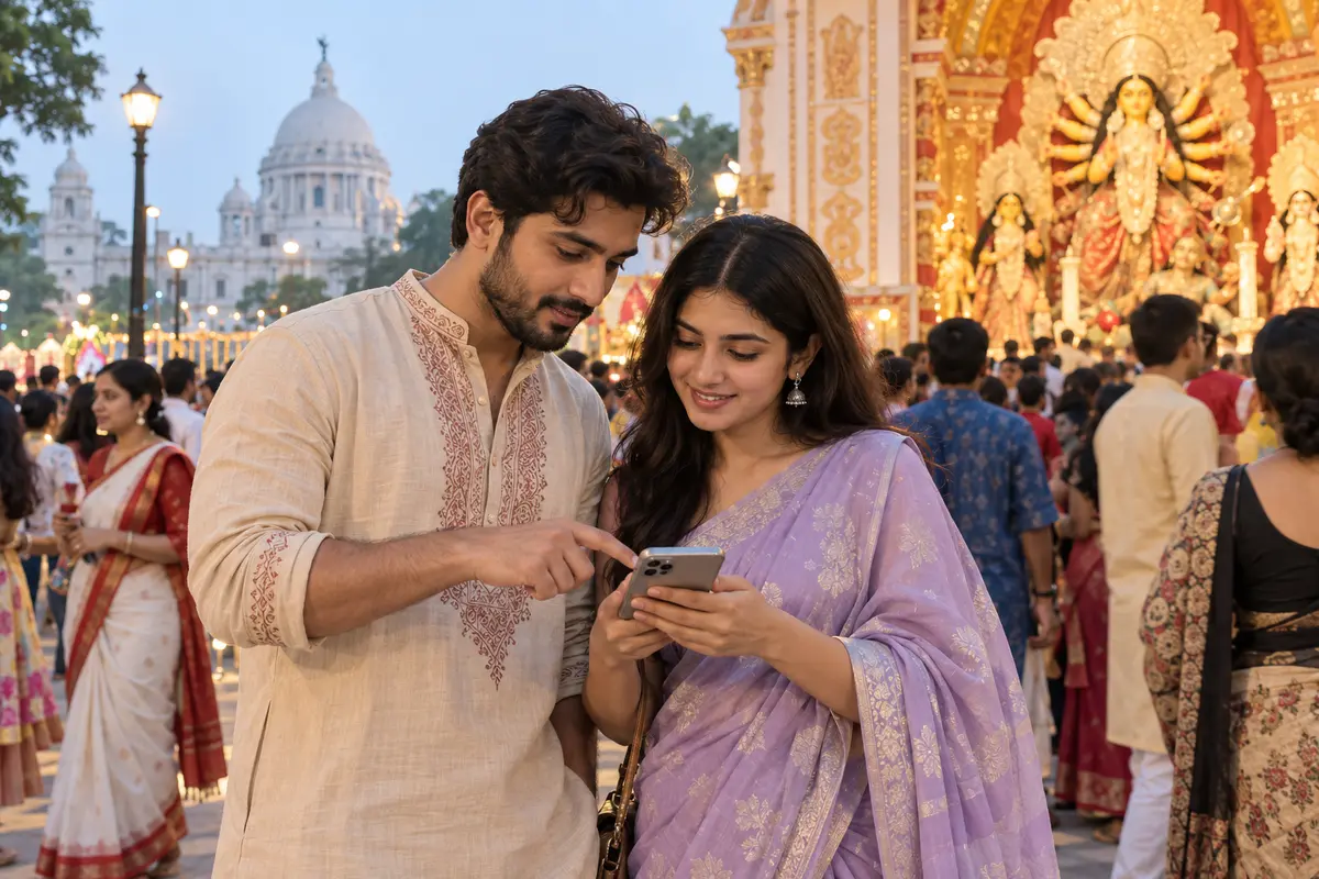 Bengali dating couple checking their public walking route during Durga Puja