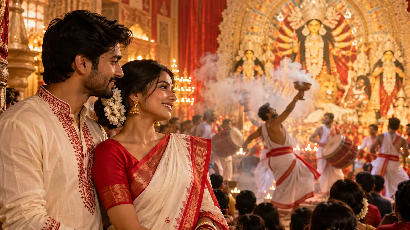 Couple watching dhunuchi naach respectfully during Pujo