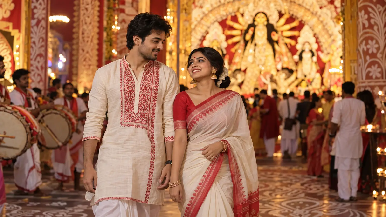 Bengali couple enjoying a respectful Durga Puja date