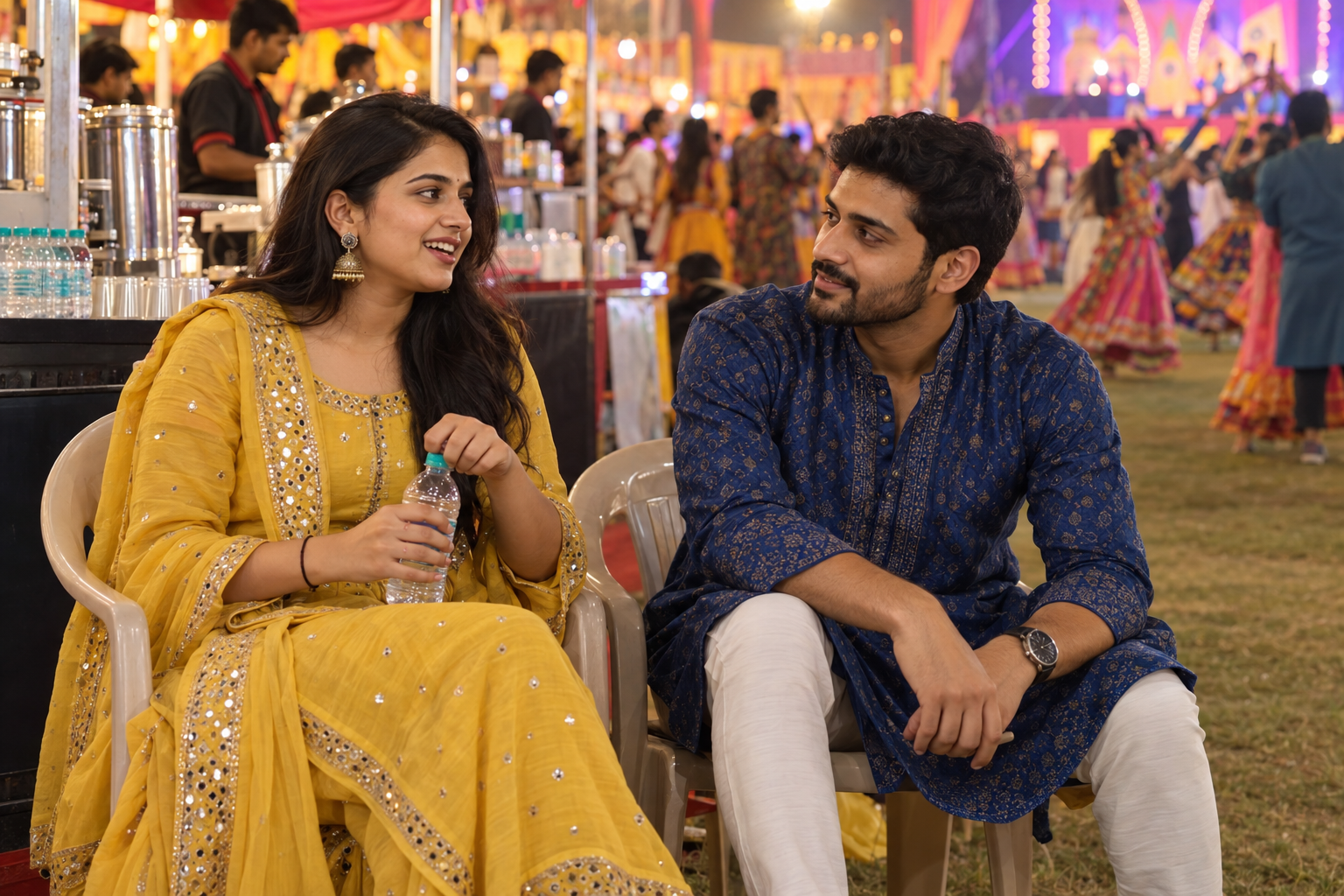 Adult Indian couple taking a seated water break at a public Navratri celebration