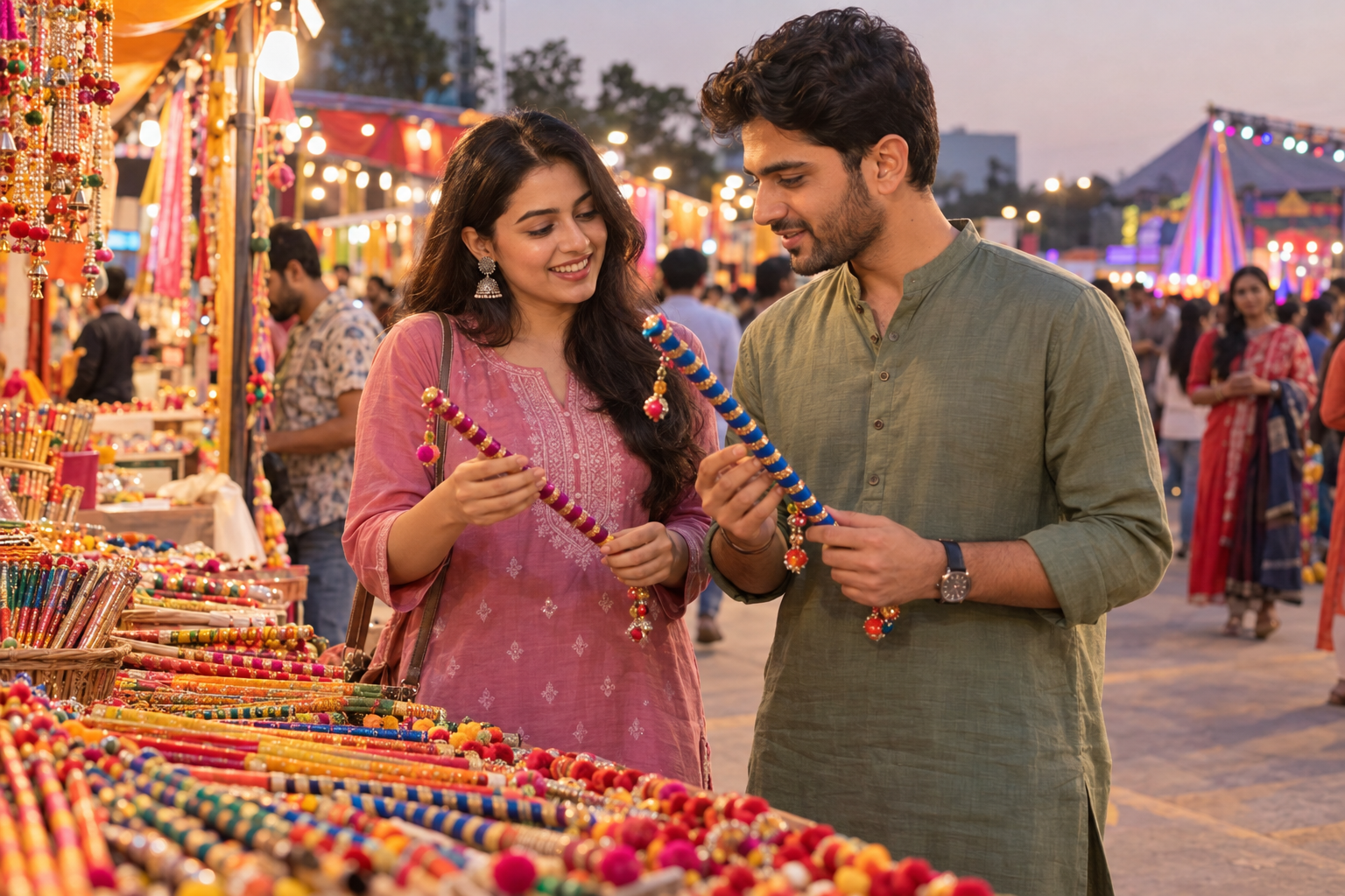 Adult Indian couple browsing colourful dandiya sticks at a festive craft market