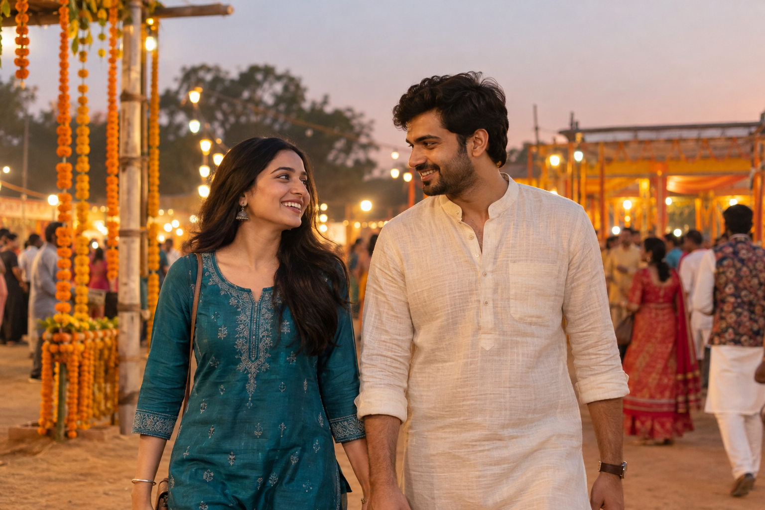 Adult Indian couple enjoying a relaxed walk and conversation at a public Navratri venue