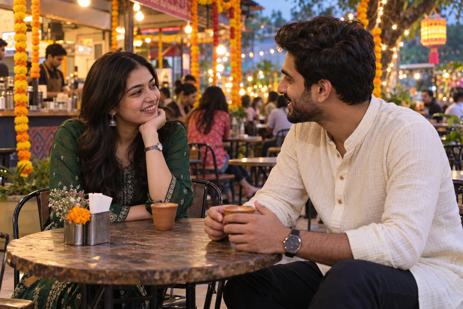 Adult Indian couple sharing chai and conversation at a festive outdoor café