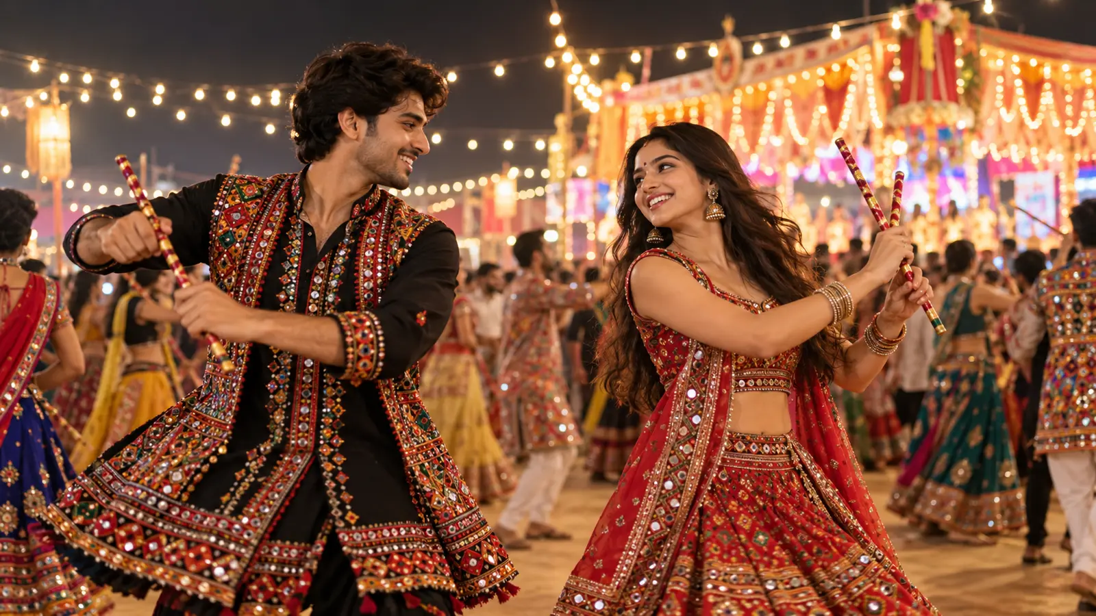Young Indian couple dancing Garba together during Navratri