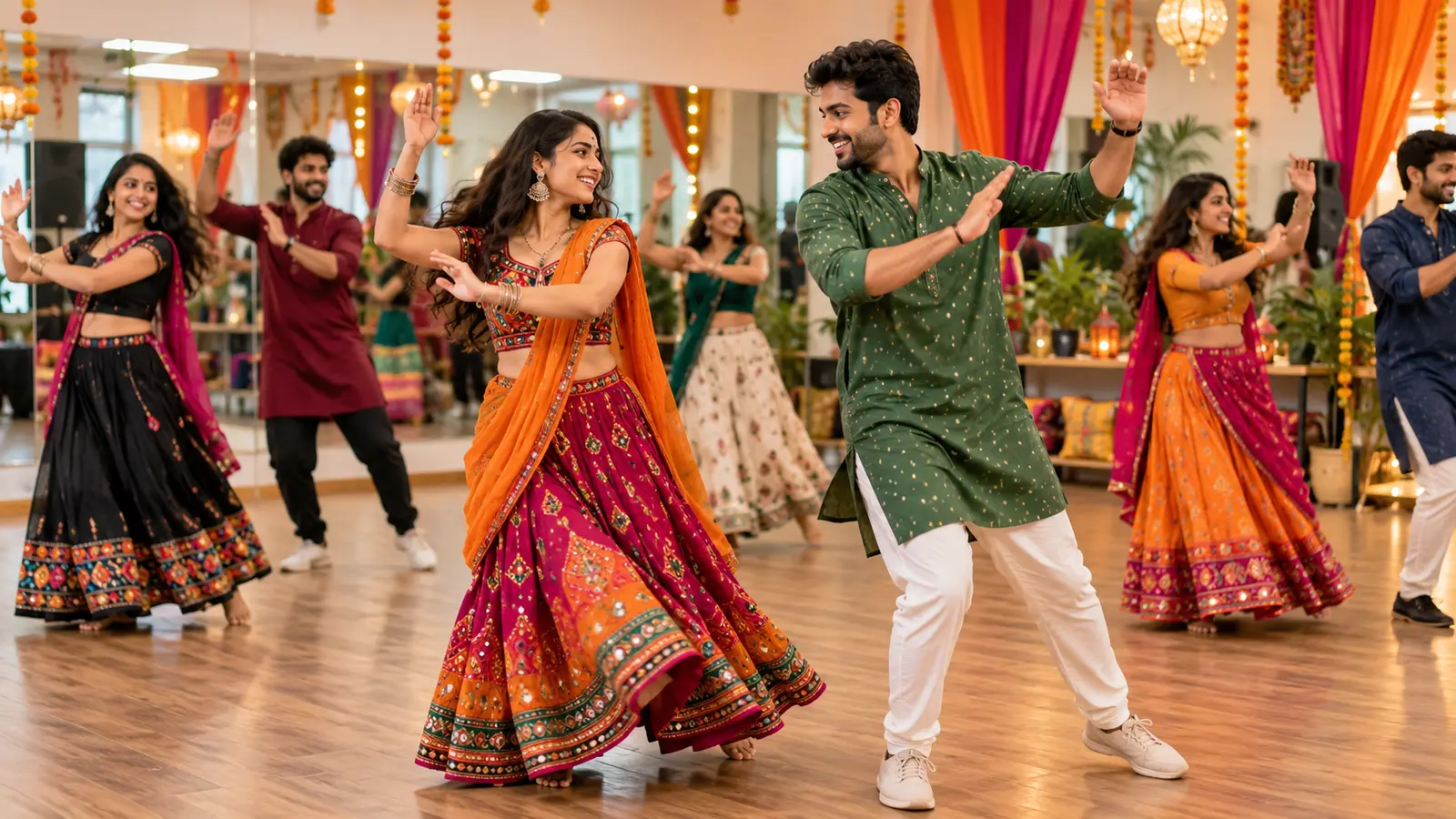 Young Indian couple learning simple Garba steps in a group class
