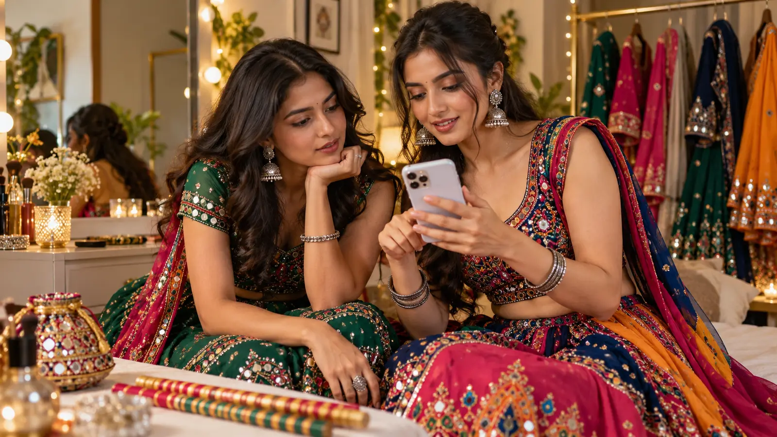 Two young Indian women reviewing a dating profile before Garba