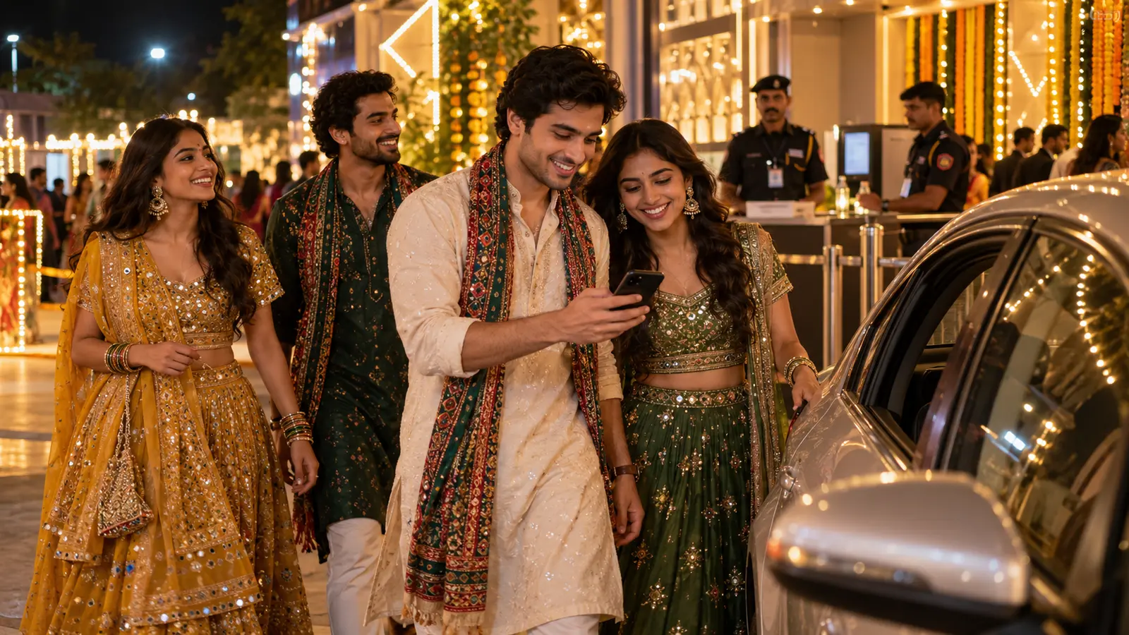 Friends safely booking a cab after a Navratri Garba night