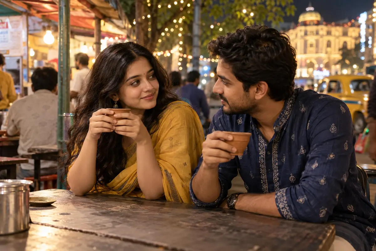 Bengali couple enjoying a tea break on a Kolkata Puja date