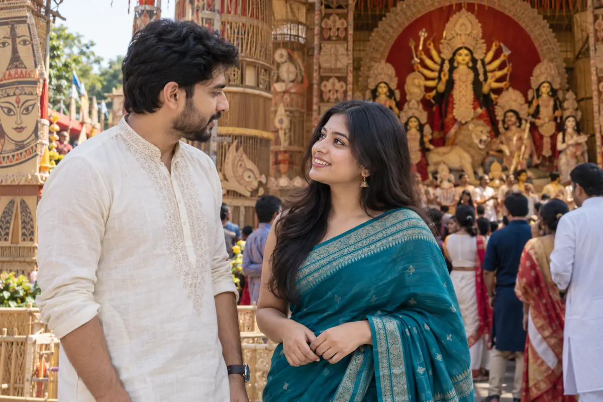 Bengali dating couple in saree and panjabi talking beside a Durga Puja pandal